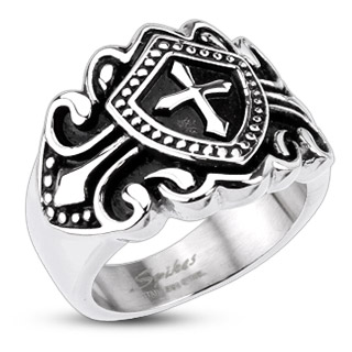 Bague homme acier  face bouclier et croix