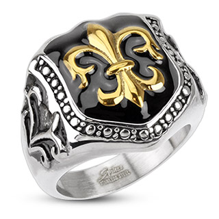 Bague homme acier  fleur de Lys dore