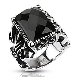 Bague homme acier Ã  fleurs de Lys scuptÃ©es et Onyx