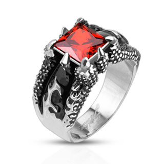 Bague homme acier  griffes de dragon et pierre rouge