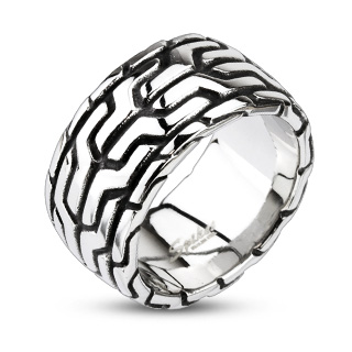 Bague homme acier  rainures style aztec