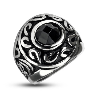 Bague homme acier arabesques et pierre noire