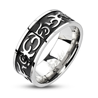 Bague homme acier avec bandeau noir  reliefs tribaux