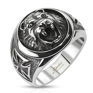 Bague homme acier avec croix celtiques et tte de lion