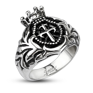 Bague homme acier avec croix et couronne