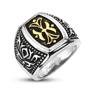 Bague homme acier chevalire gothique  croix dore