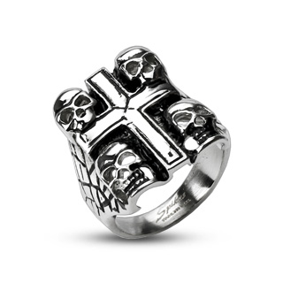 Bague homme acier noircie croix et ttes de mort