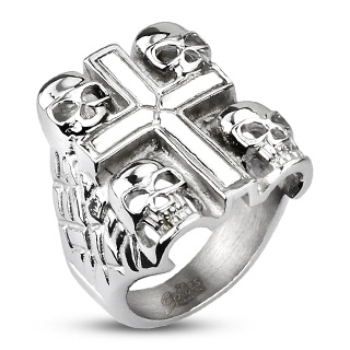 Bague homme acier croix et ttes de mort