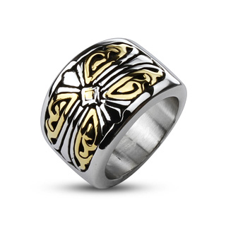 Bague homme acier croix gothique et arabesques