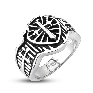 Bague homme acier croix sur bouclier