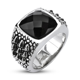 Bague homme acier cailles de dragon avec pierre noire