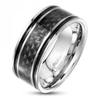 Bague homme acier et bande fibre de carbonne  lignes noires