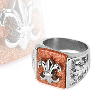 Bague homme acier fleur de lys sur fond marron