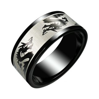 Bague homme acier noire avec dragons