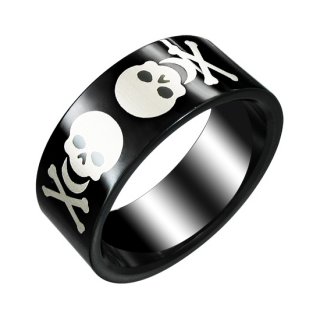 Bague homme acier noire avec ttes de morts blanches