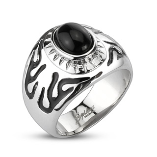 Bague homme acier Onyx avec flammes noires