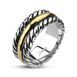 Bague homme acier style corde avec anneau dor