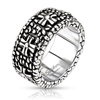 Bague homme acier style ruine  croix en relief