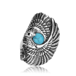 Bague homme biker en acier avec aigle enserrant une turquoise