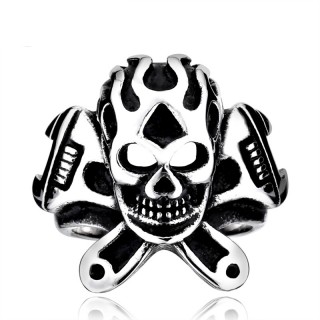 Bague homme biker en acier avec crane enflamm et cls  molette