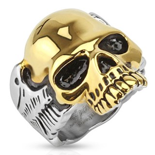 Bague homme biker en acier avec tte de mort dore