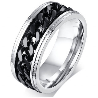 Bague homme crant�e en acier � chaine noire