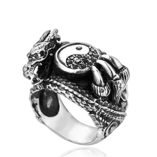 Bague homme en acier  tte de dragon et symbole Yin et Yang