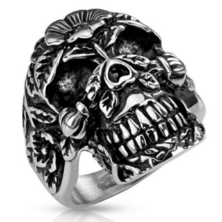 Bague homme en acier  tte de mort fleurie et feuillue