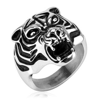 Bague homme en acier  tte de tigre noircie