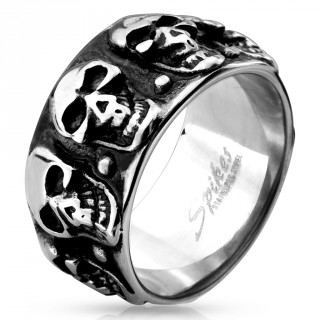 Bague homme en acier aspect vieilli avec ttes de morts