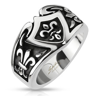 Bague homme en acier avec fleurs de Lys et bouclier