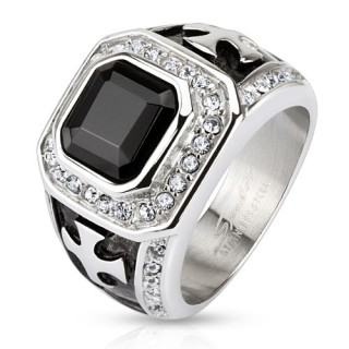 Bague homme en acier avec Onyx, zircons et croix celtes