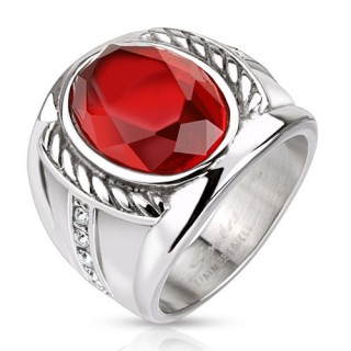 Bague homme en acier avec pierre rouge et cordages sculptÃ©s