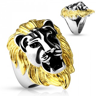 Bague homme en acier avec tte de lion  crinire dore