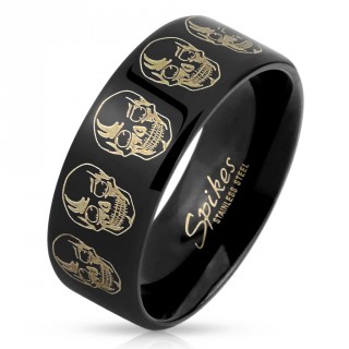 Bague homme en acier noir avec ttes de morts dores