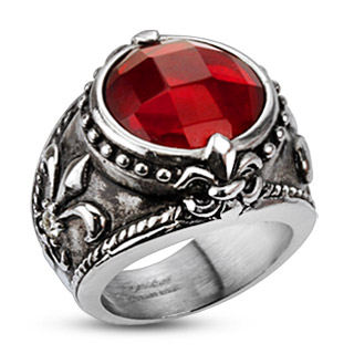 Bague homme en acier vieilli  fleur de Lys et pierre rouge