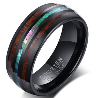 Bague homme en tungstene noir � lignes de bois et nacre