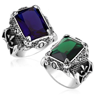 Bague homme / femme gothique en acier  pierre carre, griffes et fleur de lys