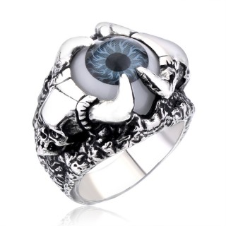 Bague homme gothique en acier  cranes cornus et oeil bleu fonc