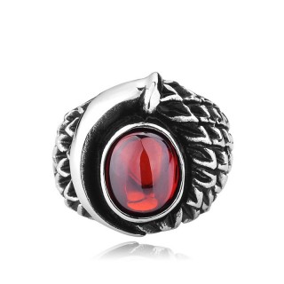 Bague homme gothique en acier  cailles et pierre rouge ovale