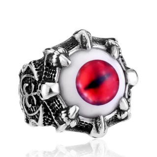 Bague homme gothique en acier  oeil dmoniaque rouge et ornements infernaux