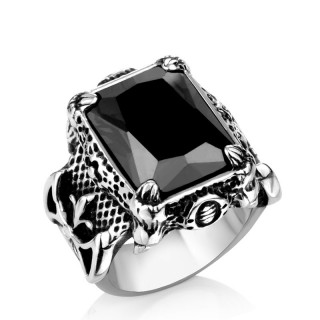 Bague homme gothique en acier  pierre carre noire, griffes et fleur de lys