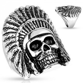 Bague homme gothique en acier  tte d'indien  coiffe de chef