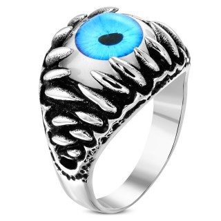 Bague homme gothique en acier avec crocs et oeil bleu