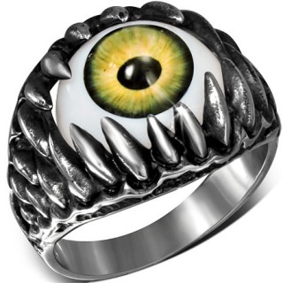 Bague homme gothique en acier avec crocs et oeil vert