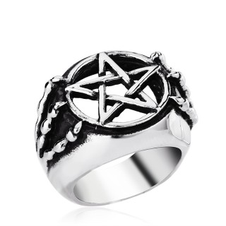 Bague homme gothique en acier avec pentacle et griffes dmoniaques