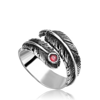 Bague homme gothique en forme de plume avec pierre rouge