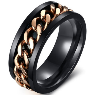 Bague homme noire en acier  chaine cuivre