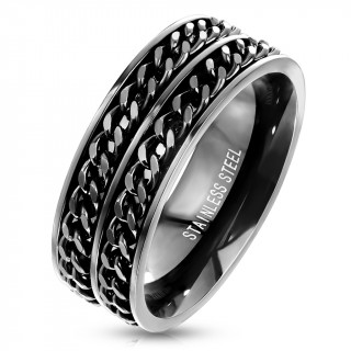 Bague homme noire en acier  duo de chaines