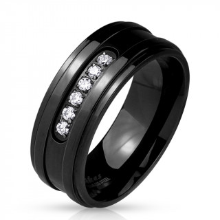 Bague homme noire en acier  encoche arrondie sertie de 6 pierres